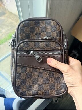 Men's Brown Checkered Crossbody Belt Bag